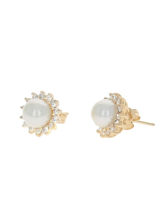 Pearl and Diamond Halo Stud Earrings in Yellow Gold
